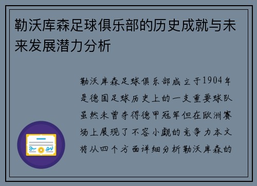 勒沃库森足球俱乐部的历史成就与未来发展潜力分析