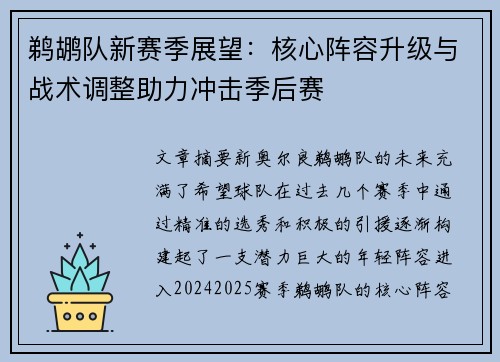 鹈鹕队新赛季展望：核心阵容升级与战术调整助力冲击季后赛